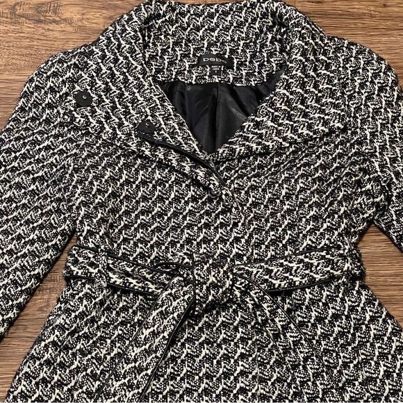 Bebe Wool Blend Belted Coat Snap Buttons Black White Metallic Silver Threads Sm - Picture 11 of 17